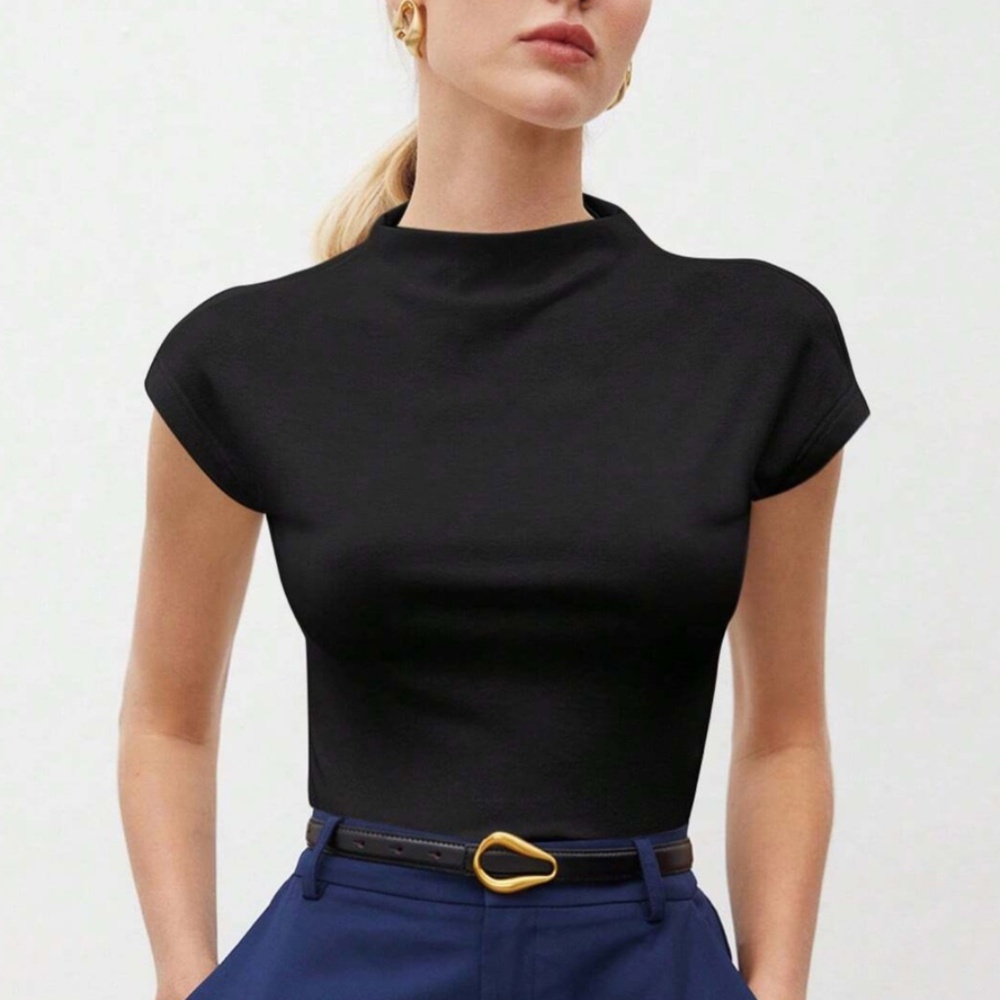 Black High Neck Cap Short Sleeve Tee Shirt
